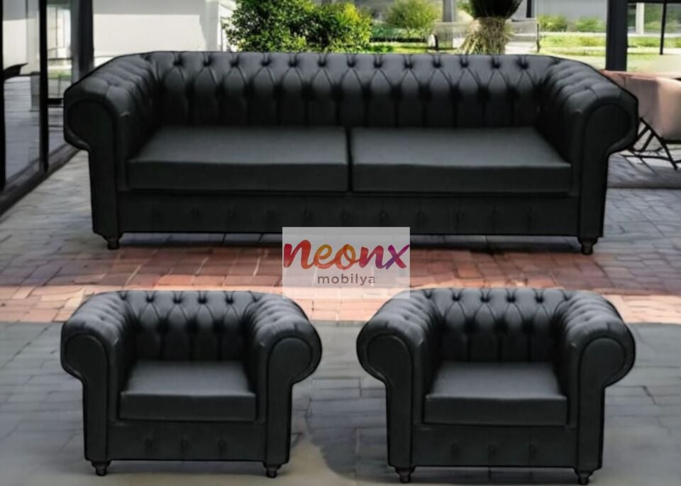 Chester Koltuk Takımı Siyah Deri – 3+1+1 Salon ve Ofis Lüks Takım