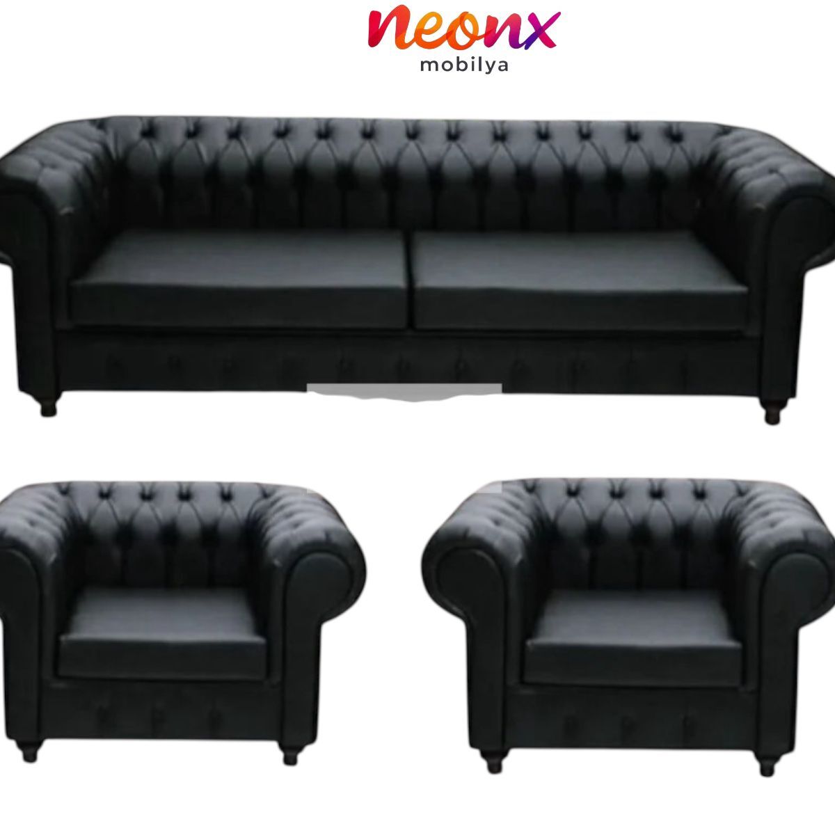 Chester Koltuk Takımı Siyah Deri – 3+1+1 Salon ve Ofis Lüks Takım